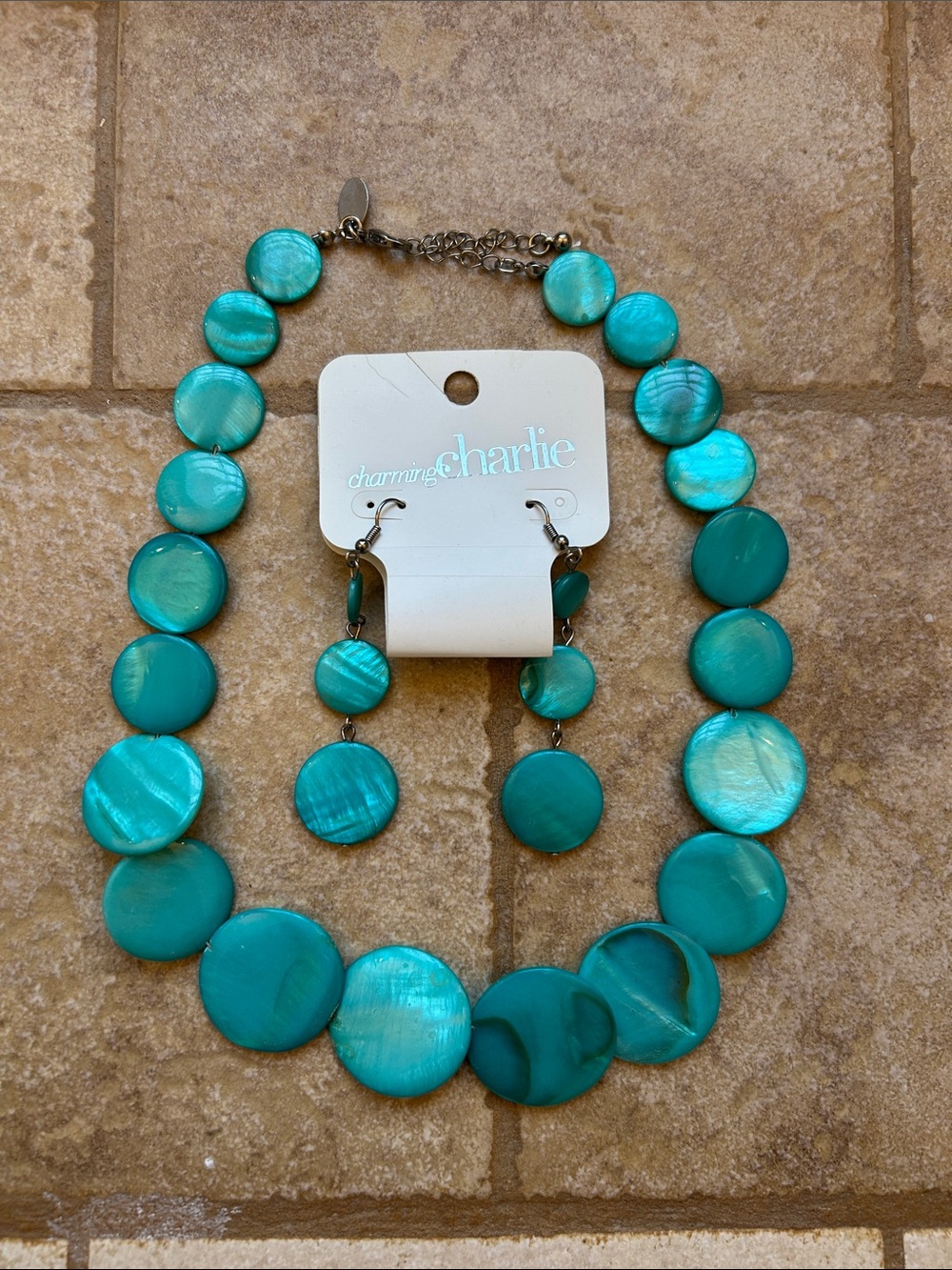 Charming Charlie Teal Disc Necklace and Drop Earrings Set